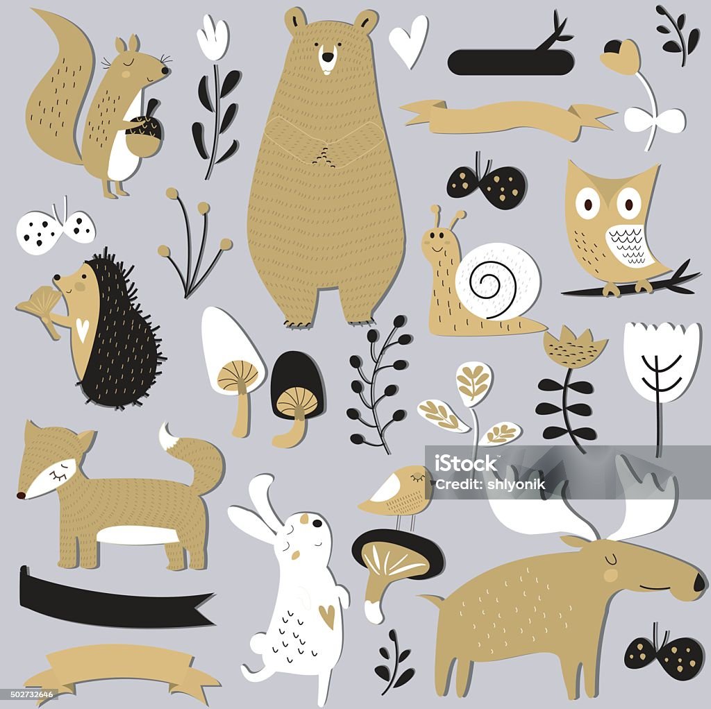 brownbrightforestanimals Set of forest animals in cartoon style. Cute hedgehog, birds, bear, fox, hare, mushrooms, elk, snail, squirrel, butterflies and flowers 2015 stock vector