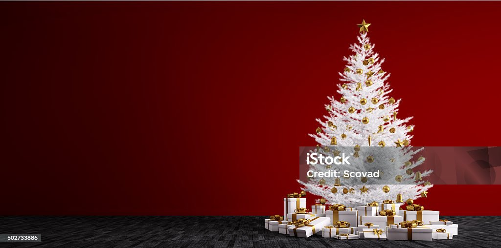 Interior background with white christmas tree 3d render Interior of a room with white christmas tree, golden baubles and gifts over red wall 3d render Christmas Tree Stock Photo