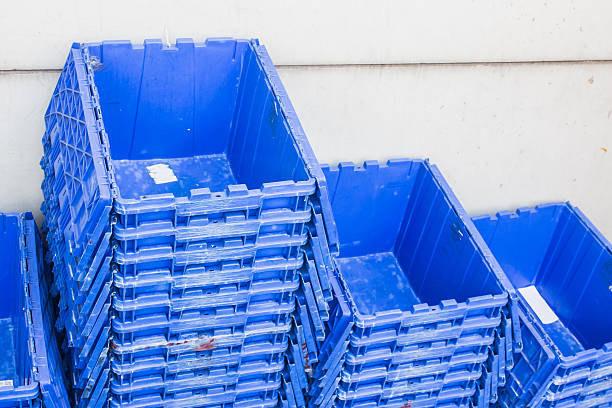 Transporte caixas de plástico para administração de logística, azul caixa de plástico - fotografia de stock