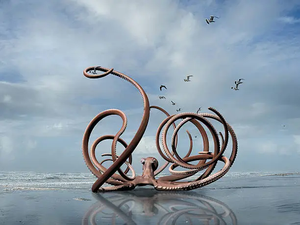 a rendered illustration of a giant octopus crawling out of the Pacific Ocean onto a Washington coast beach.