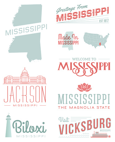 A set of vintage-style icons and typography representing the state of Mississippi, including Jackson, Biloxi and Vicksburg. Each items is on a separate layer. Includes a layered Photoshop document. Ideal for both print and web elements.