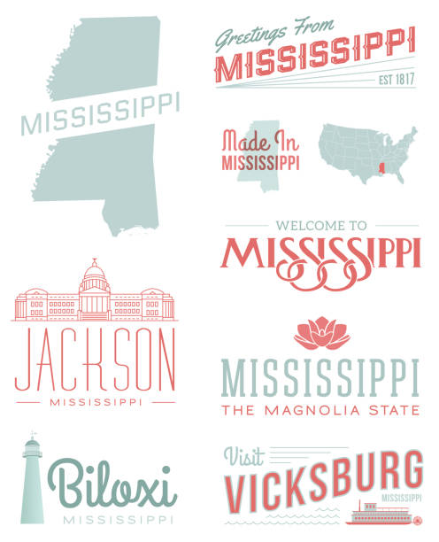 Mississippi Typography A set of vintage-style icons and typography representing the state of Mississippi, including Jackson, Biloxi and Vicksburg. Each items is on a separate layer. Includes a layered Photoshop document. Ideal for both print and web elements. vicksburg stock illustrations