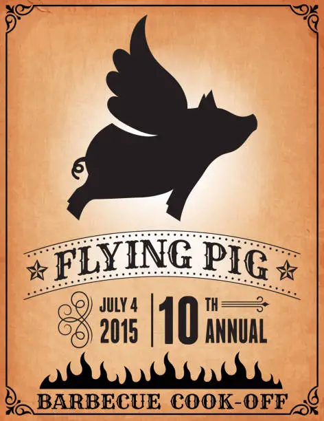 Vector illustration of Flying Pig BBQ Cook Off Poster royalty-free vector Background