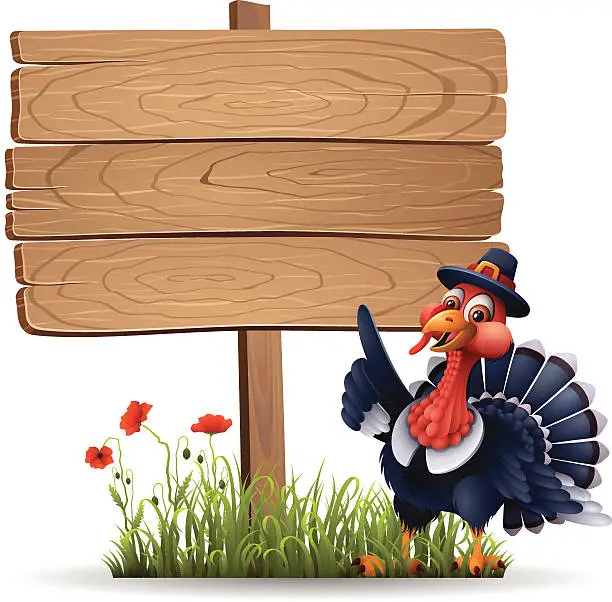 Vector illustration of Pilgrim Turkey with Wooden Sign