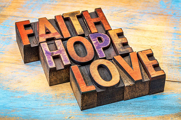 faith, hope and love typography faith, hope and love - a collage of words in vintage letterpress wood type stained by color inks against painted wood printing block photos stock pictures, royalty-free photos & images
