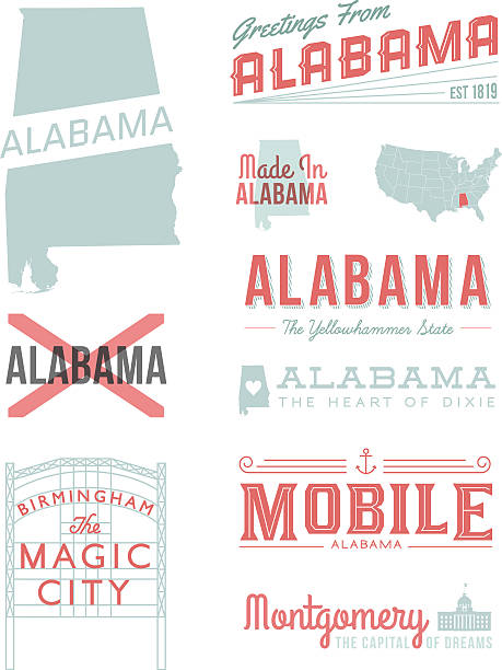 Alabama Typography A set of vintage-style icons and typography representing the state of Alabama, including Birmingham, Mobile and Montgomery. Each items is on a separate layer. Includes a layered Photoshop document. Ideal for both print and web elements. alabama stock illustrations
