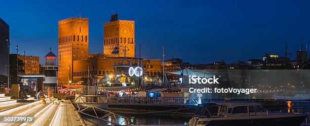 Oslo Aker Brgge Waterfront Bars Restaurants Illuminated At Dusk Norway Stock Photo - Download Image Now