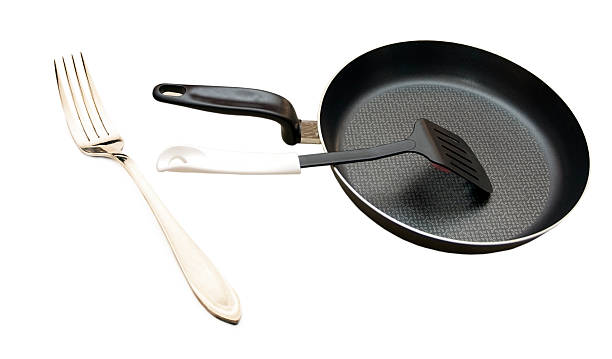 istock Chrome fork and frying pan with a spatula 502740548