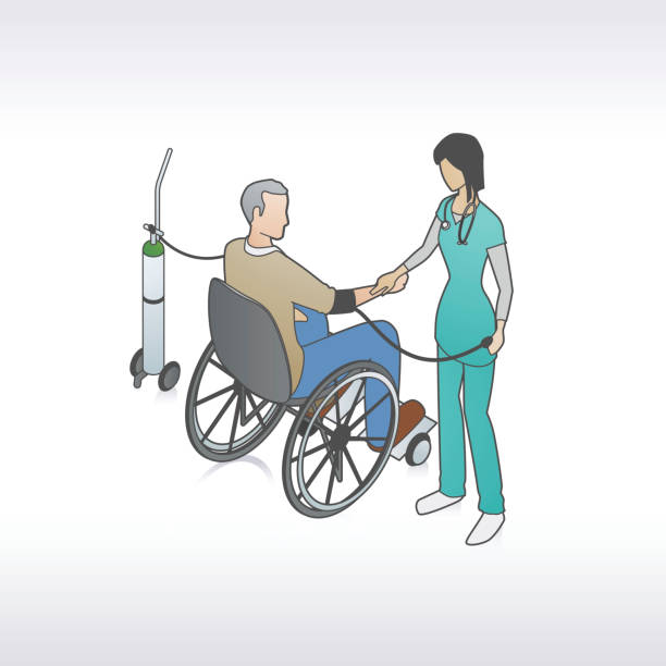 Taking Blood Pressure Illustration Illustration of a medical professional taking the blood pressure of her patient. Patient is a senior man in a wheelchair with an oxygen tank. person oxygen tank stock illustrations
