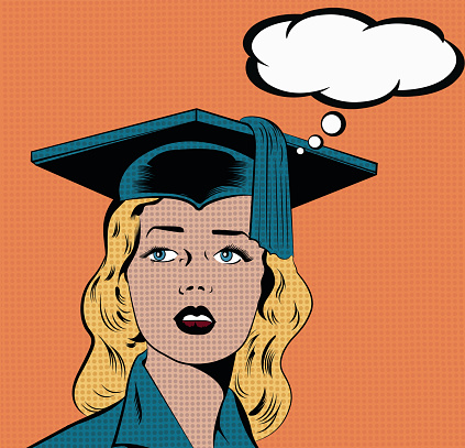 Illustration of a young woman in graduation gown in a pop art/comic style