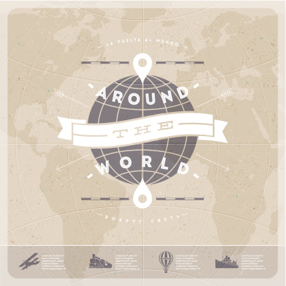 Around the world - travel  vintage type design with world map and  old  transport.