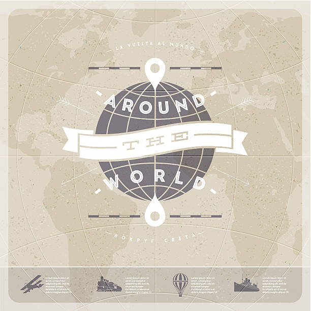 Around the world - travel  vintage type design Around the world - travel  vintage type design with world map and  old  transport. vintage maps stock illustrations