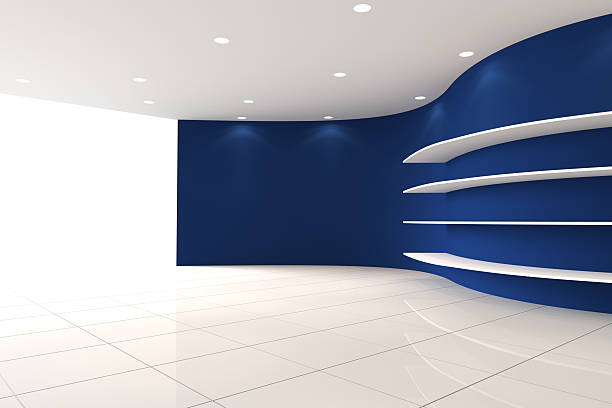istock Curve Blue Wall Empty Room with Shelves 502752499