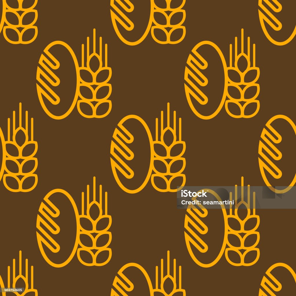 Baguette and an ear of wheat Seamless repeat pattern of a French baguette and an ear of ripe golden wheat on a brown background in square format, vector design Agriculture stock vector