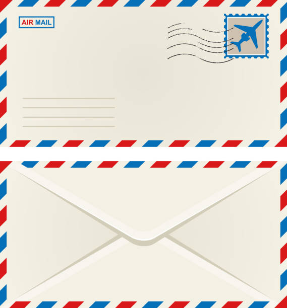 전면 및 후면에 있는 항공 우편 봉투 - postage stamp design element mail white background stock illustrations