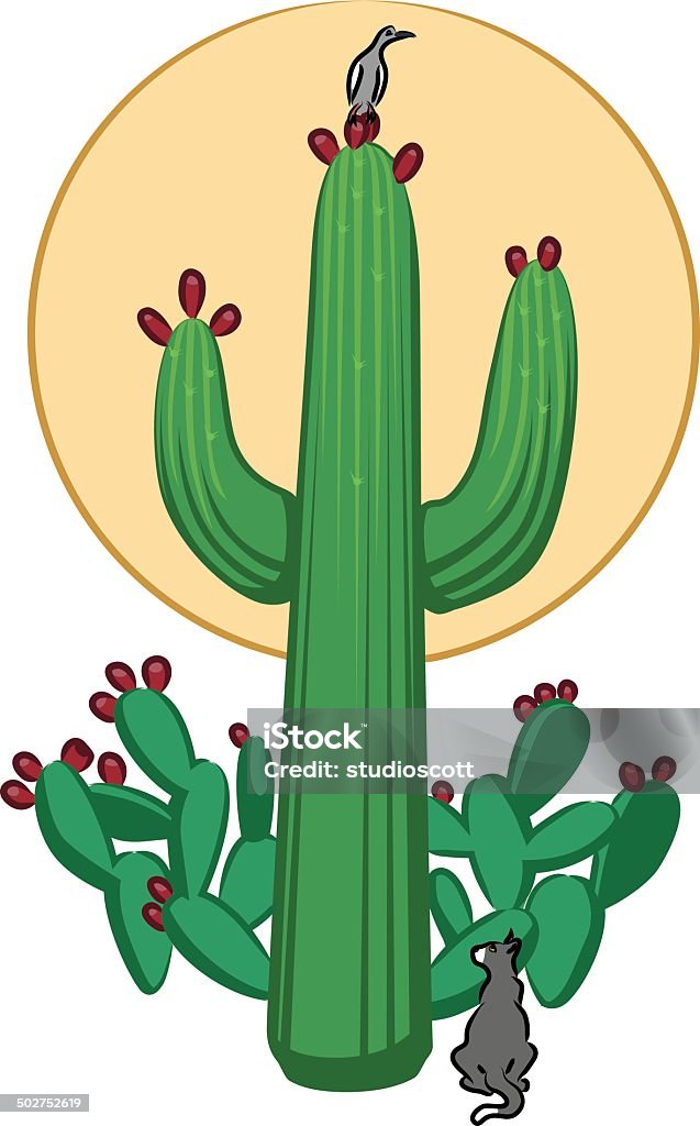 Cactus y gato, pájaro - arte vectorial de Nopal libre de derechos