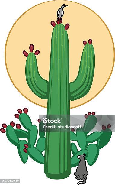 Ilustración de Cactus Y Gato Pájaro y más Vectores Libres de Derechos de Nopal - Nopal, Cactus Saguaro, Fruta