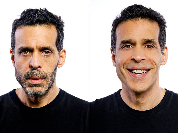 retrato de um homem antes e depois sendo preparado - men stubble beard human hair - fotografias e filmes do acervo