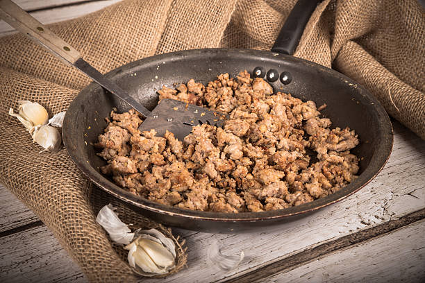 Frying Ground Meat stock photo
