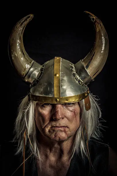 A portrait of a man representing a historical Viking, or Scandinavian warrior from the Northern lands.