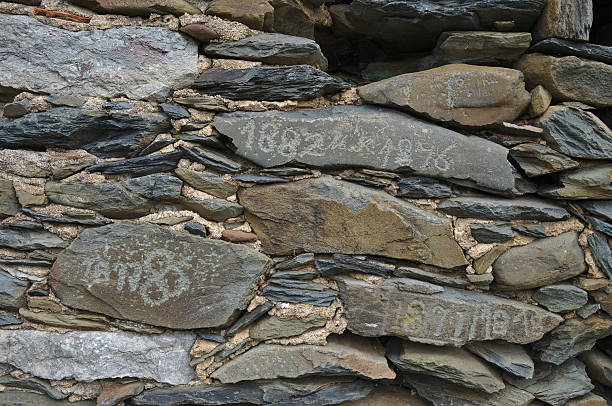 Old schist wall with dates from 19th century