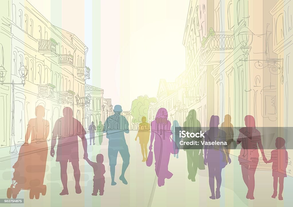 City street and people silhouettes City street in the daytime and colorful silhouettes of people In Silhouette stock vector