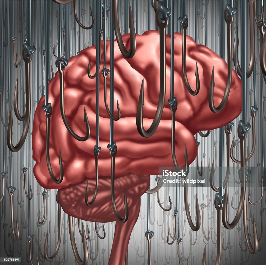Addiction And Dependency Addiction and dependency concept as a human brain being lured and surrounded by fishing hooks as a risk symbol and metaphor for a drug addict or the danger of alcoholism gambling and drug abuse smoking as a mental health problem. Addiction Stock Photo