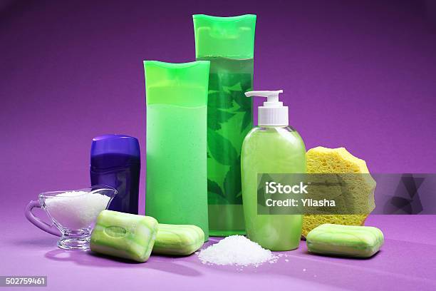 Shower Gels And Sponge Spa Stock Photo - Download Image Now - Aromatherapy, Bar Of Soap, Bathtub