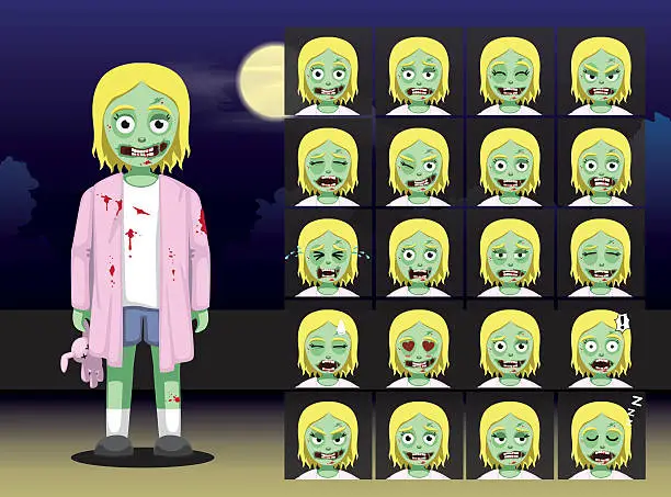 Vector illustration of Zombie Girl Cartoon Emotion faces Vector Illustration