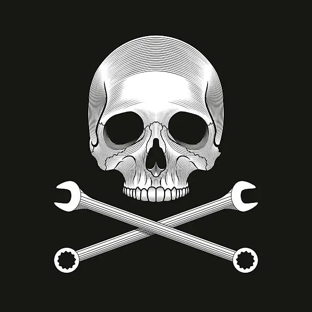 Vector illustration of The skull and crossed wrenches on the black background