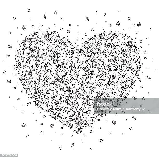 Coloring Page Flower Heart St Valentines Day Greeting Card Stock Illustration - Download Image Now