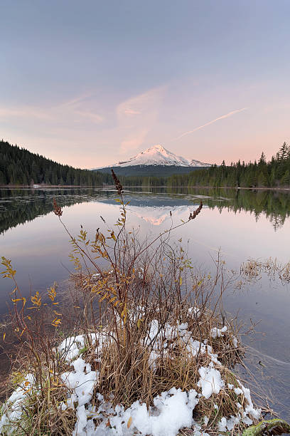 inverno al lago trillium durante il tramonto - cascade range mountain alpenglow winter foto e immagini stock