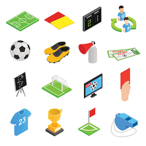 fußball isometrische 3d-icons set - goal scoreboard soccer soccer ball stock-grafiken, -clipart, -cartoons und -symbole