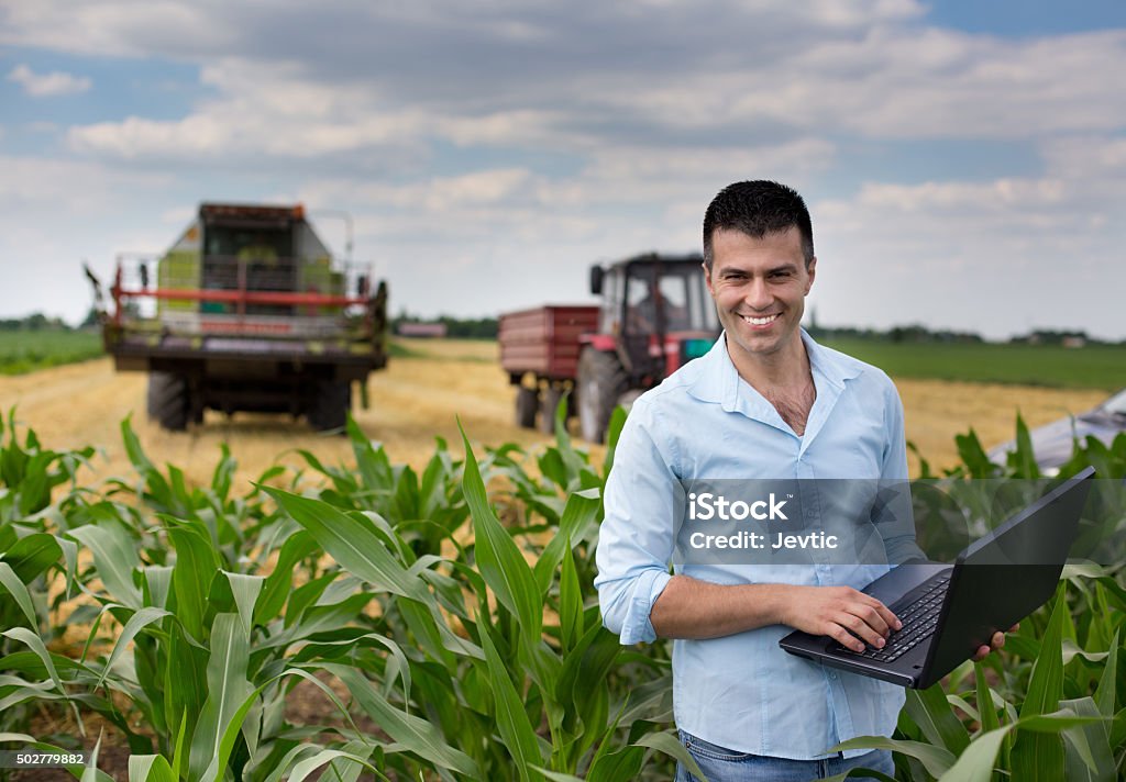Businessman in the field Young attractive farmer with laptop standing in corn field, tractor and combine harvester working in wheat field in background Farmer Stock Photo