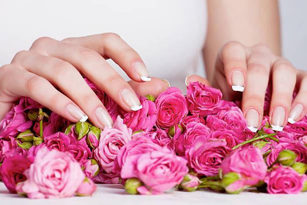 Manicure on the roses woman hands with manicure on the rose flowers artificial flower stock pictures, royalty-free photos & images