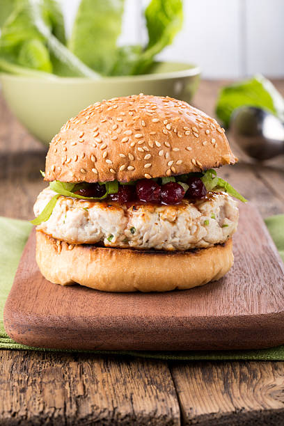 saudável hambúrguer de peru num pão com molho de arando - turkey burger imagens e fotografias de stock