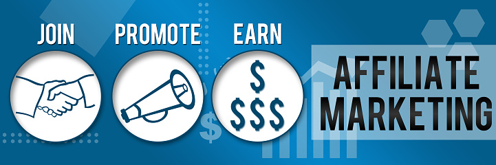 Affiliate Marketing Image with three blue circles and related symbols.
