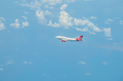 New York, USA - August 30th, 2009: Virgin Atlantic Boeing 747 at high altitude over North Atlantic bound for England