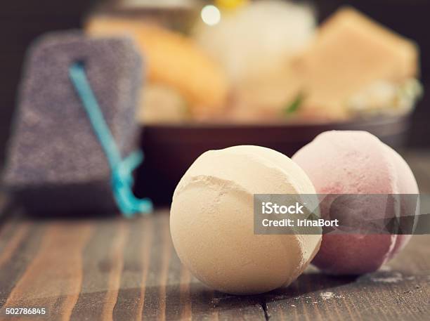 Bath Bombs Closeup With Spa Products On Background Stock Photo - Download Image Now - Bath Bomb, Making, Aromatherapy