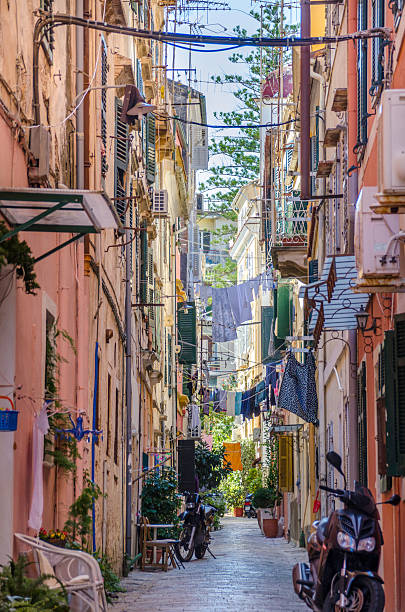 Back Streets of Old Corfu Town Narrow backstreets and alleys of old Corfu town corfu town stock pictures, royalty-free photos & images