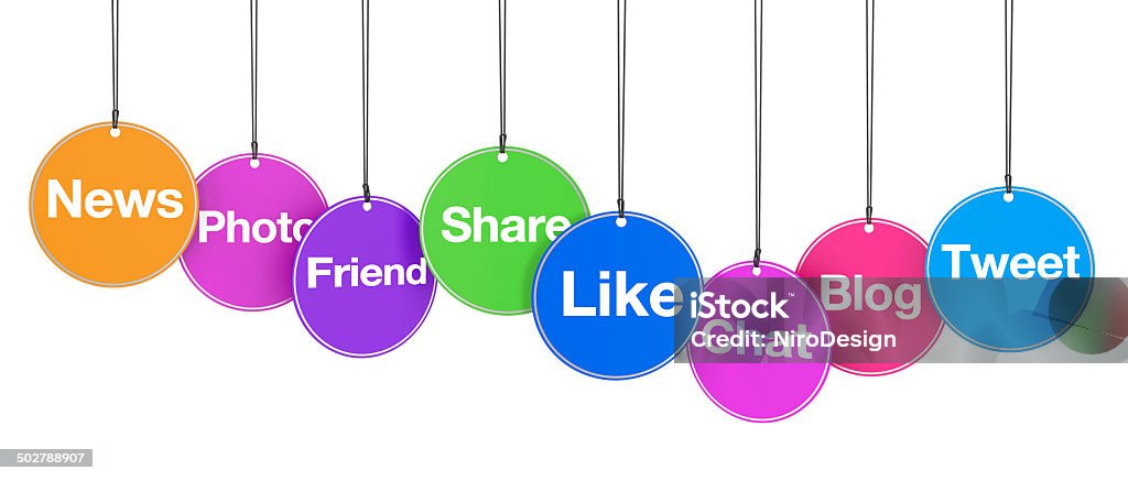 Social Media Web Signs On Tags Web and Internet concept with social media and social network signs and words on colorful hanged tags isolated on white background. Blogging Stock Photo