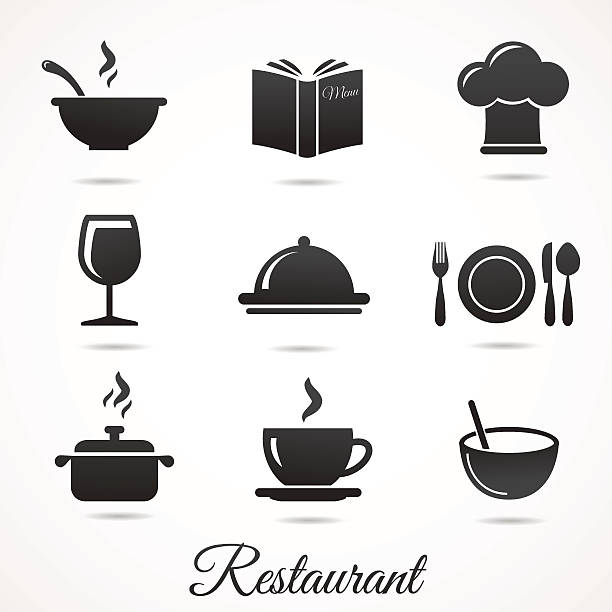 Restaurant icon collection isolated on white backround. Vector illustration: restaurant icon set. Cup, bowl, plate, pot, menu, hat etc. buffet illustrations stock illustrations