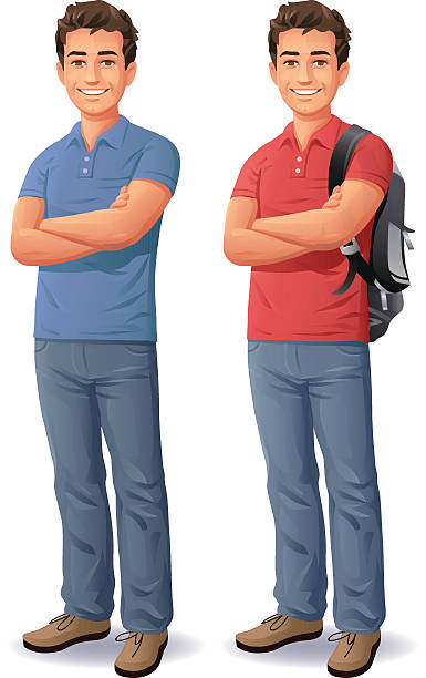 Young Man With Arms Crossed Illustration of a young smiling man/ student wearing blue jeans and a blue or red polo-shirt standing with his arms crossed, with and without a backpack, isolated on white. cartoon man standing stock illustrations
