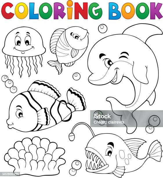 Coloring Book Ocean Fauna Topic 1 Stock Illustration - Download Image Now - Coloring Book Page - Illlustration Technique, Dolphin, Clown Fish