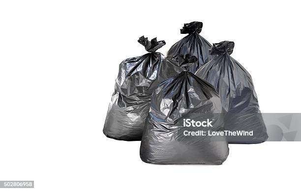 Many Garbage Bag On White Background Stock Photo - Download Image Now - Bag, 2015, Black Color