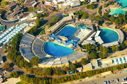 San Diego, United States of America - 26 February, 2014: Aerial view of SeaWorld, a marine life theme park in San Diego Bay in Southern California, United States of America. A view of the killer whale shamu stadium and the show pools around.