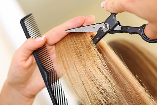 istock Female hand holding comb and hot thermal scissors 502813042