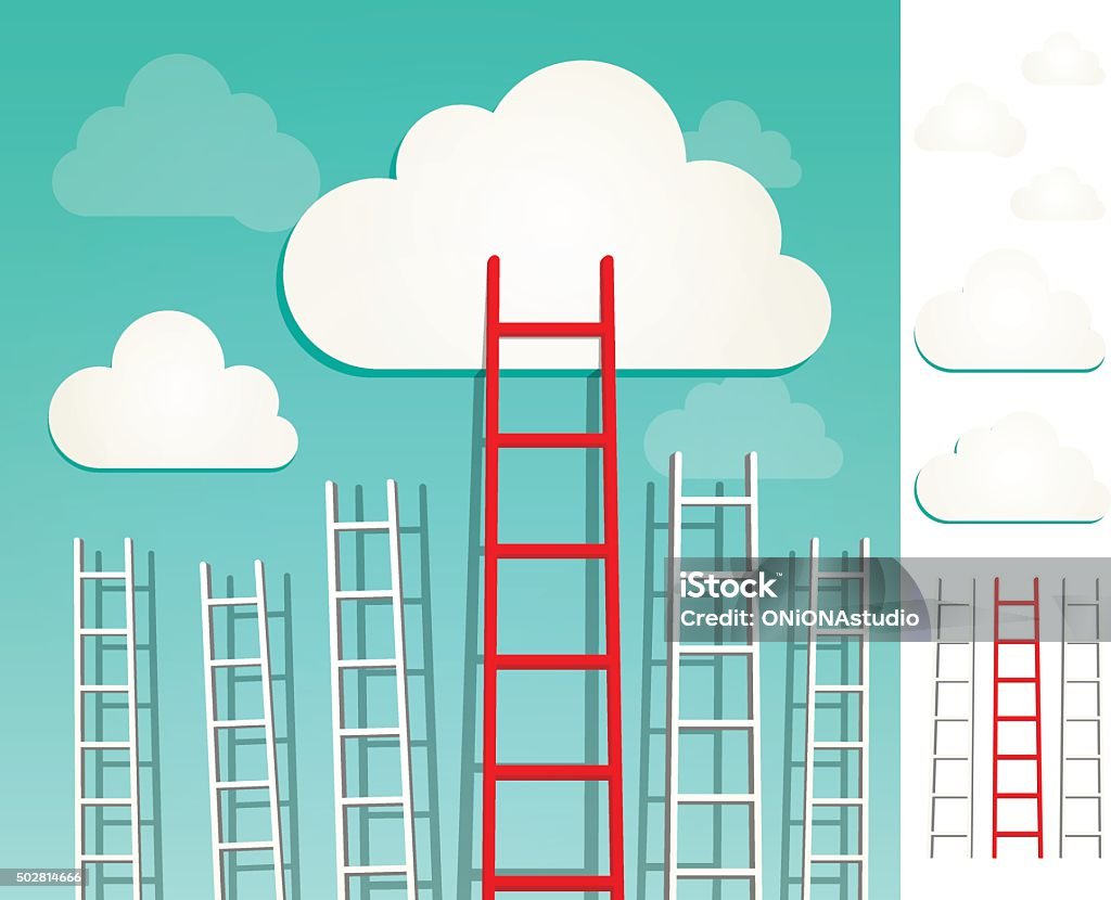Ladders to the clouds concept set Red ladders to the clouds, idea competition concept illustration with elements set. Cloud - Sky stock vector