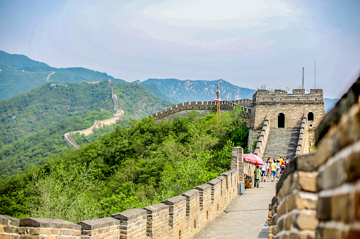 Badaling, China: Said to be the most visited section of the Great Wall of China is Badaling in the Juyong Pass about 70 miles south of Beijing and on this December day the sky was somewhat overcast and chilly it was exciting standing on the Great Wall of China.