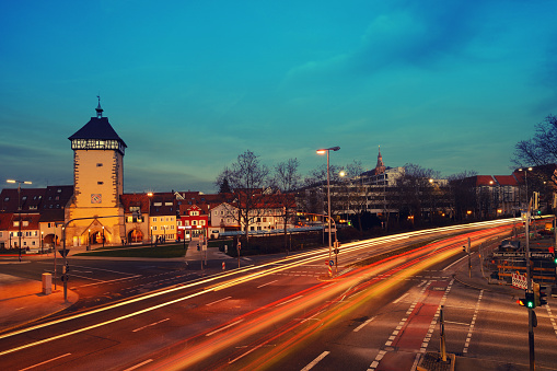 Reutlingen, Germany - Tübingen Gate and town houses at night